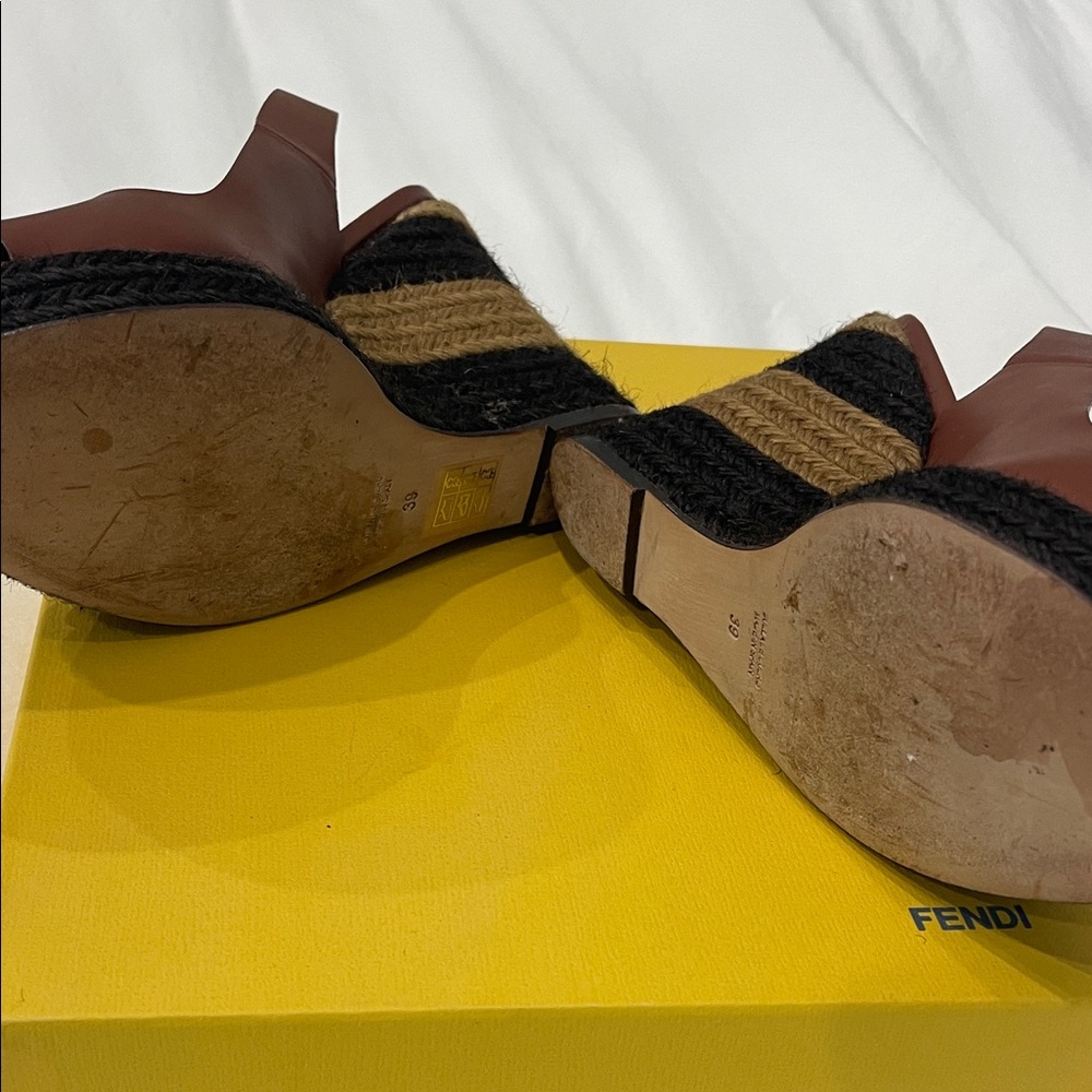 Fendi Brown Leather Peep-Toe Slingback Wedge Sandals - Picture 2 of 4